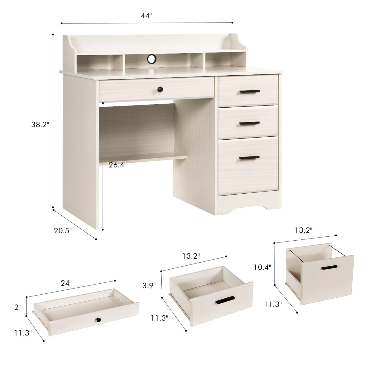 Warm White Wood Computer Desk with Drawers and Hutch R78647
