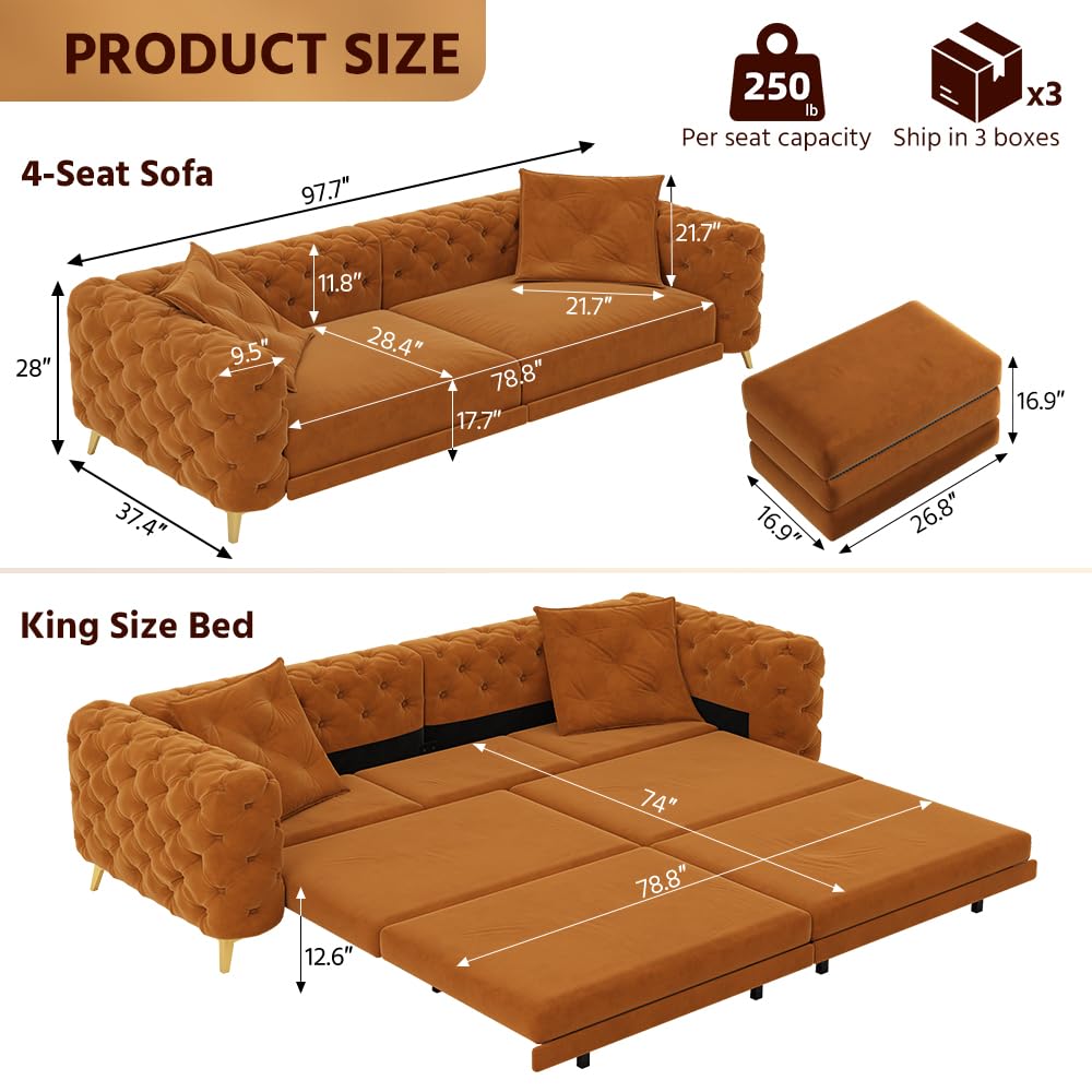 King Velvet Pull Out Sleeper Sofa with Ottoman D9221