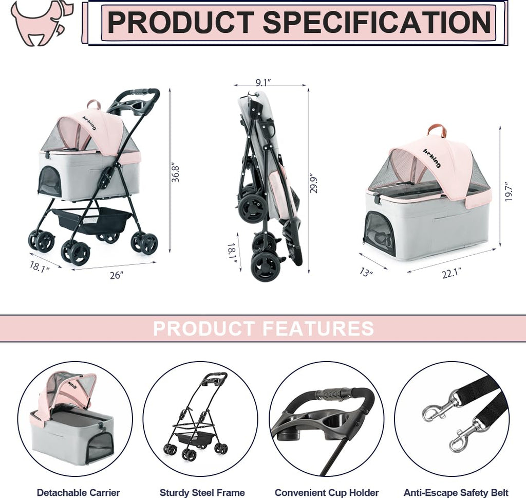 Pink Gray Pet Stroller with Detachable Carrier V27632