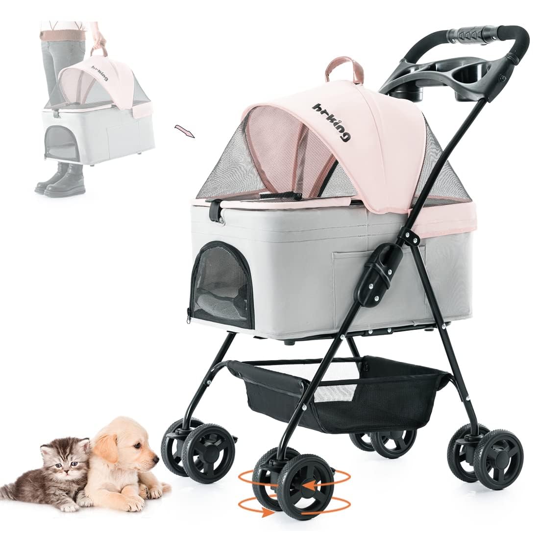 Pink Gray Pet Stroller with Detachable Carrier V27632