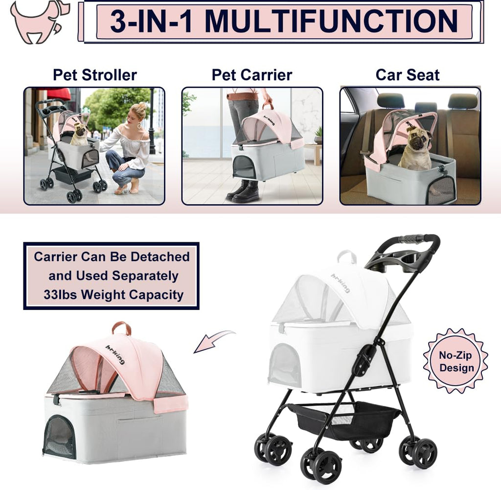 Pink Gray Pet Stroller with Detachable Carrier V27632