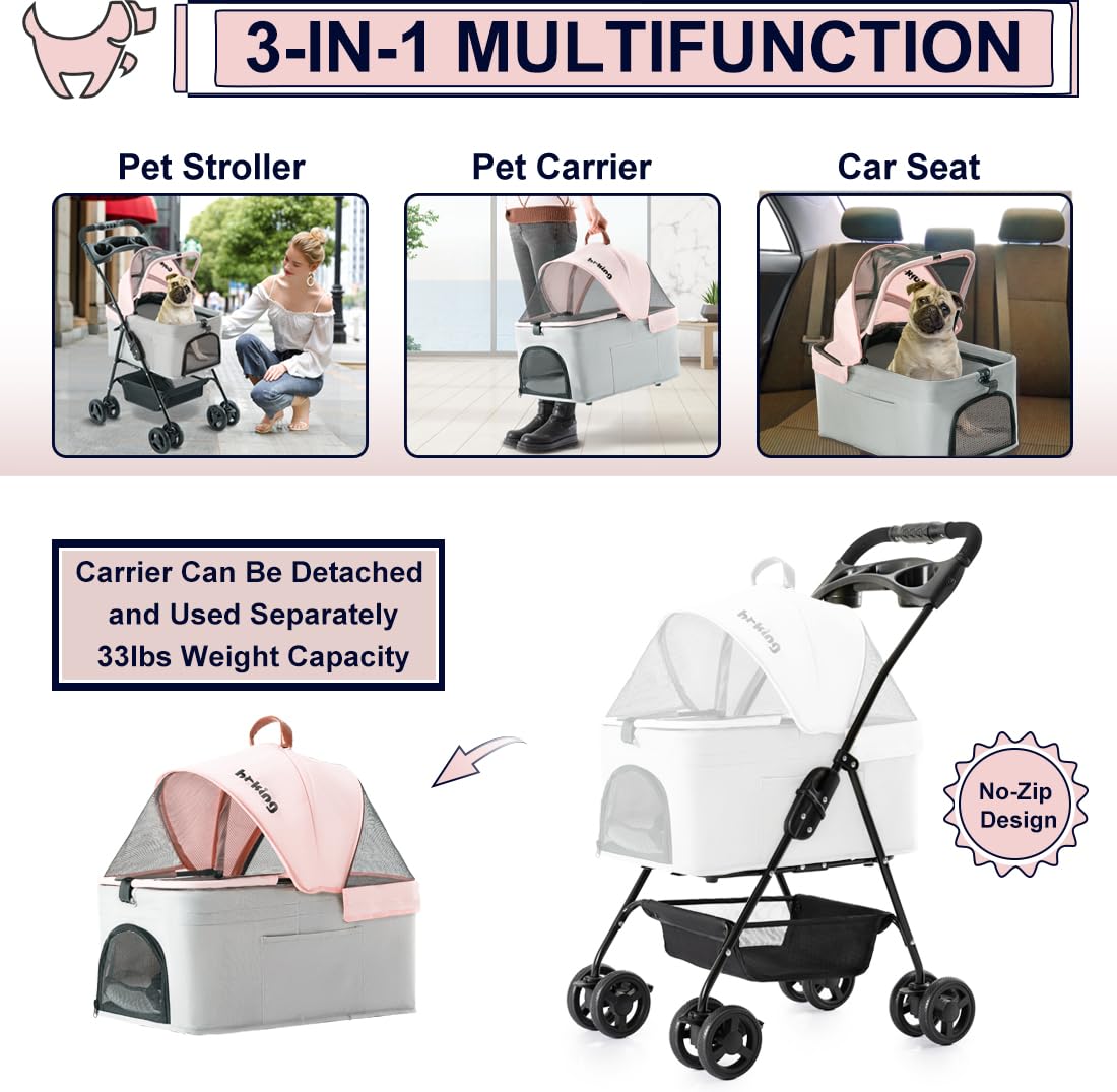 Pink Gray Pet Stroller with Detachable Carrier V27632