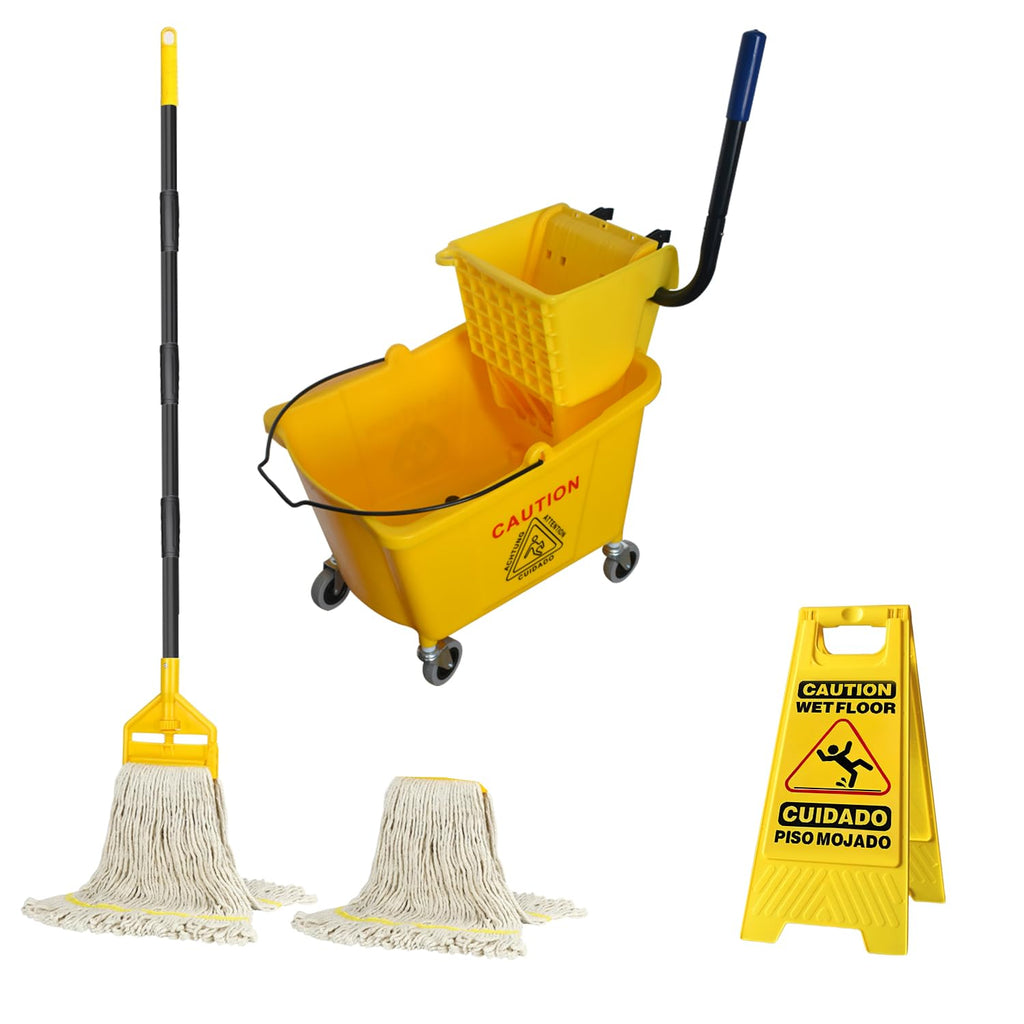 Commercial Mop Bucket with 2 Mop Heads and Caution Sign, 38 Quart Q725337