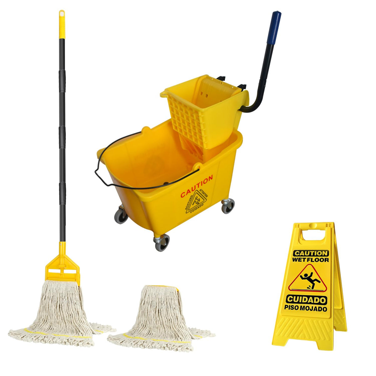 Commercial Mop Bucket with 2 Mop Heads and Caution Sign, 38 Quart Q725337