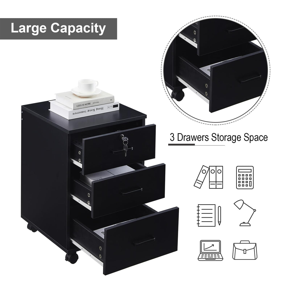 3 Drawer Black File Cabinet with Lock V9825