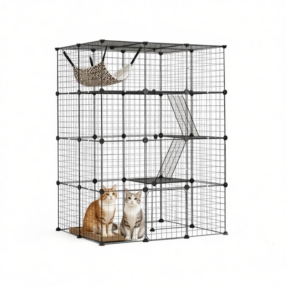 4-Tier Metal Wire Cat Cage with Hammock, Platforms & Ramps, Black K632