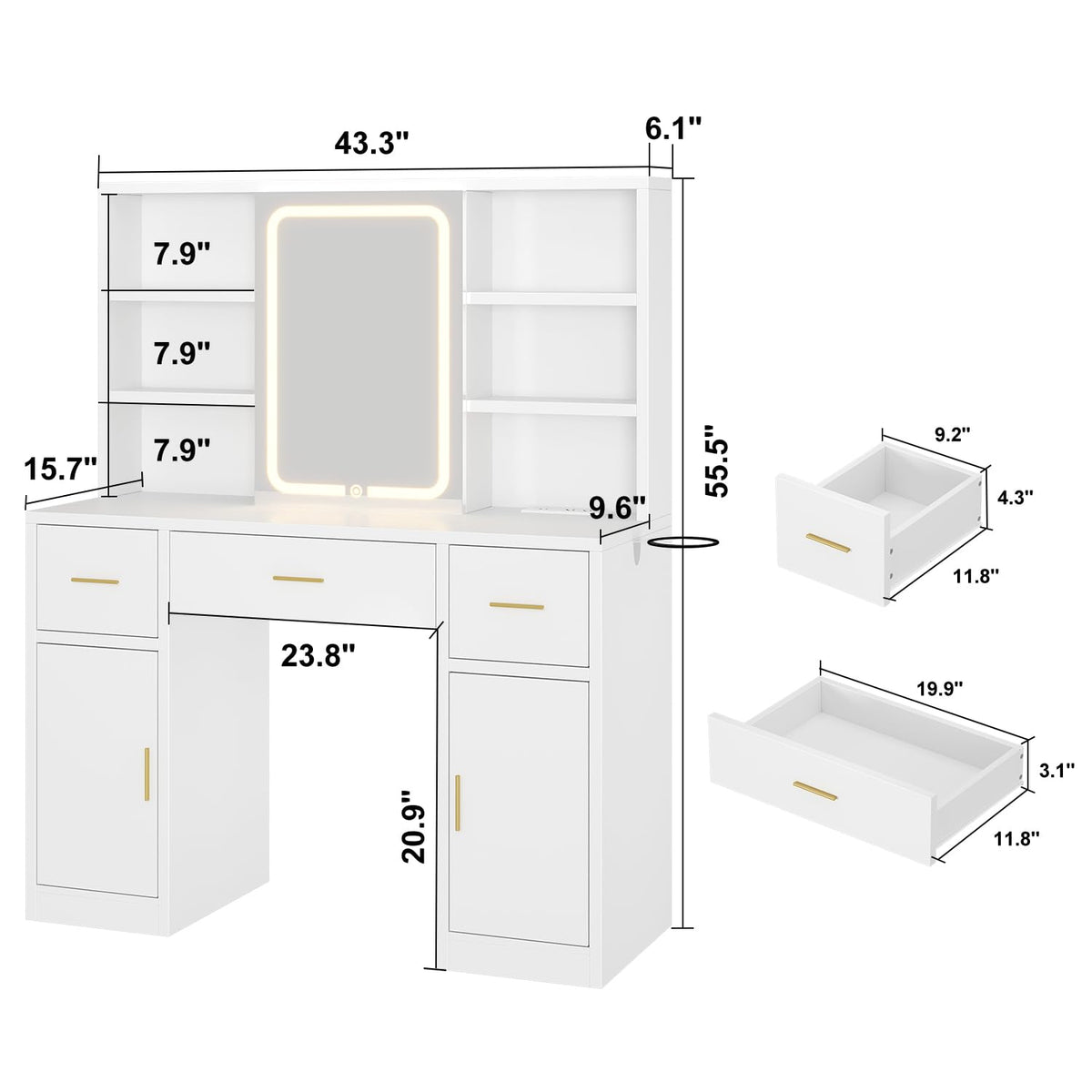 White Vanity Desk with Sliding Mirror and LED Lights K74247