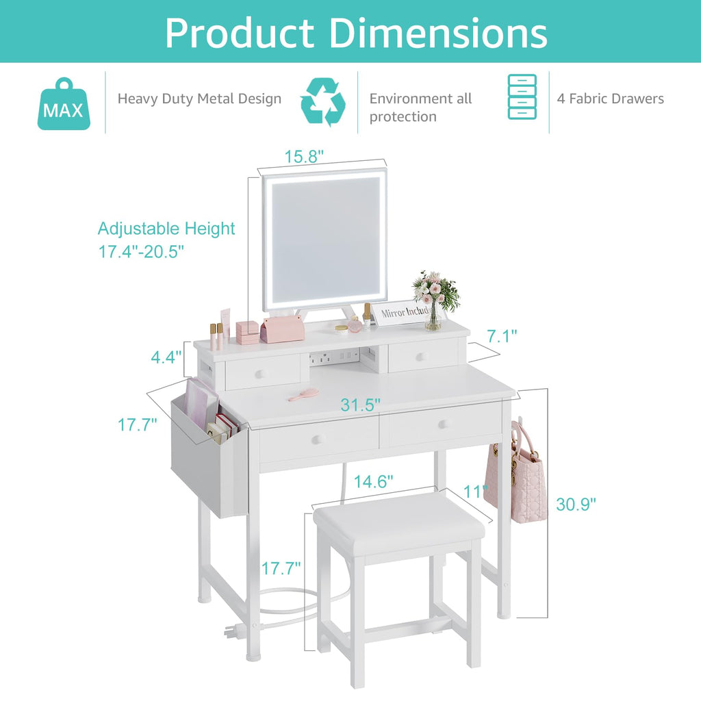 White Makeup Vanity Desk with Mirror and Lights, Chair and Drawers V441023