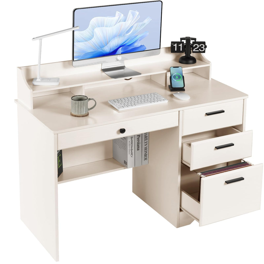Warm White Wood Computer Desk with Drawers and Hutch R78647