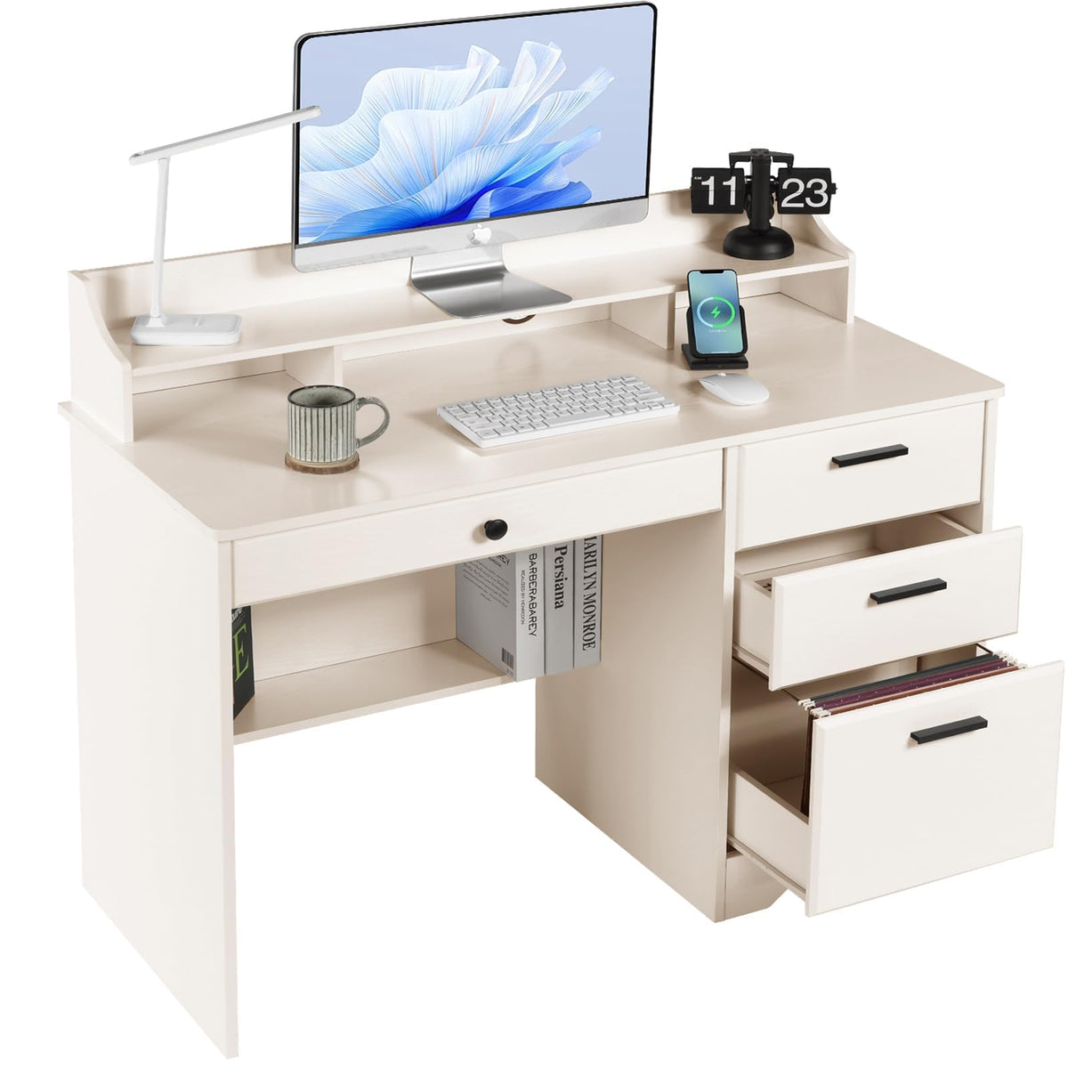 Warm White Wood Computer Desk with Drawers and Hutch R78647