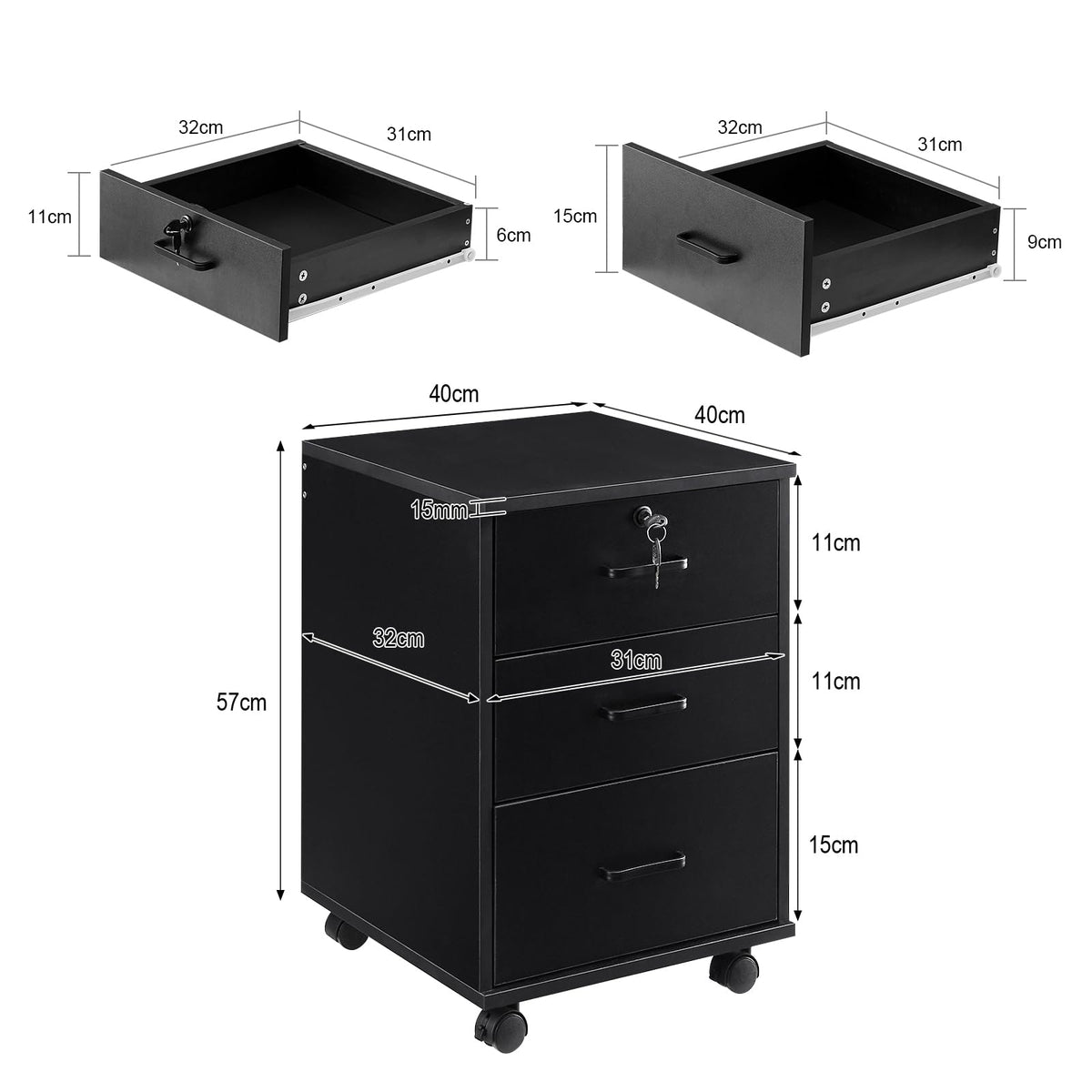 3 Drawer Black File Cabinet with Lock V9825