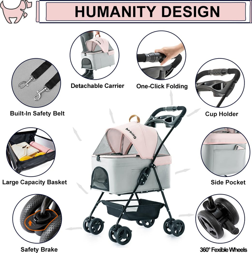 Pink Gray Pet Stroller with Detachable Carrier V27632