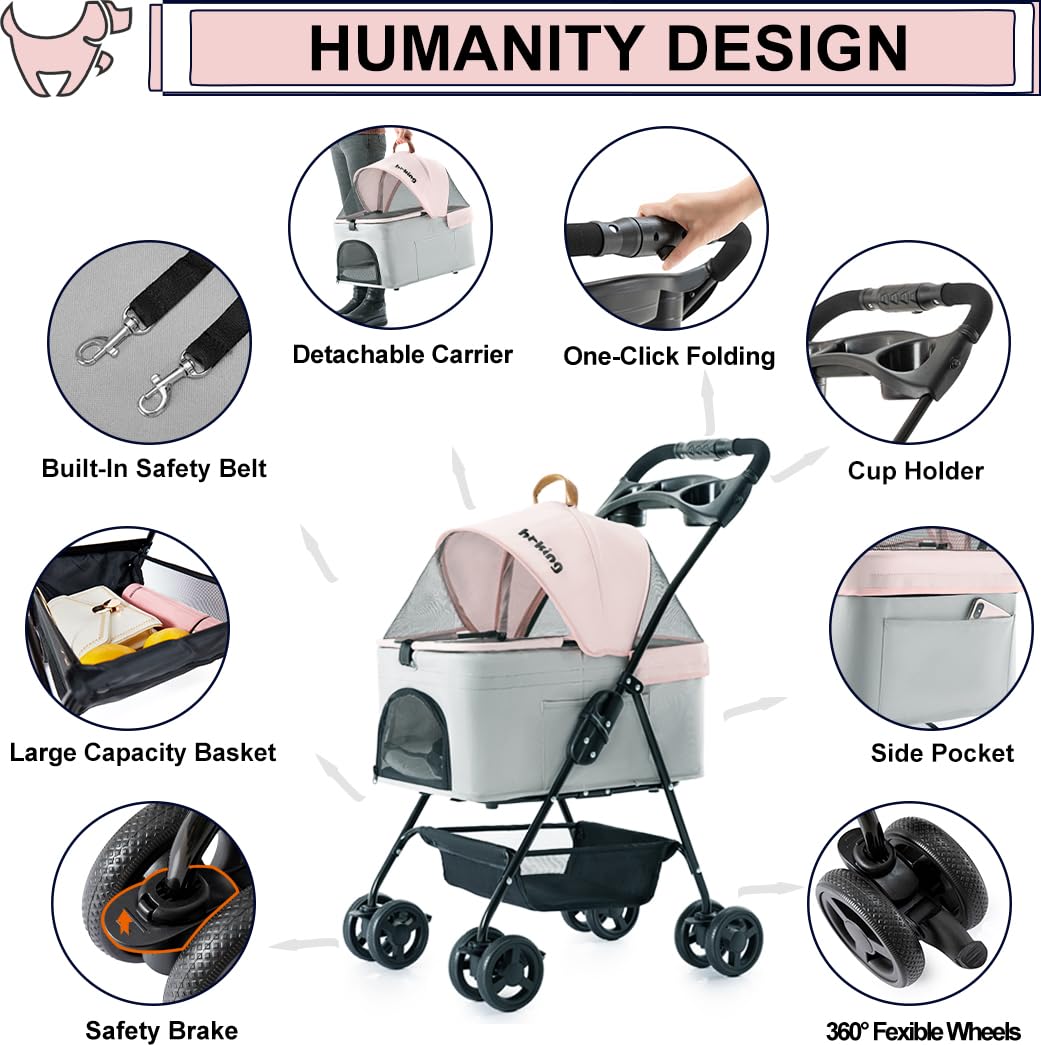 Pink Gray Pet Stroller with Detachable Carrier V27632