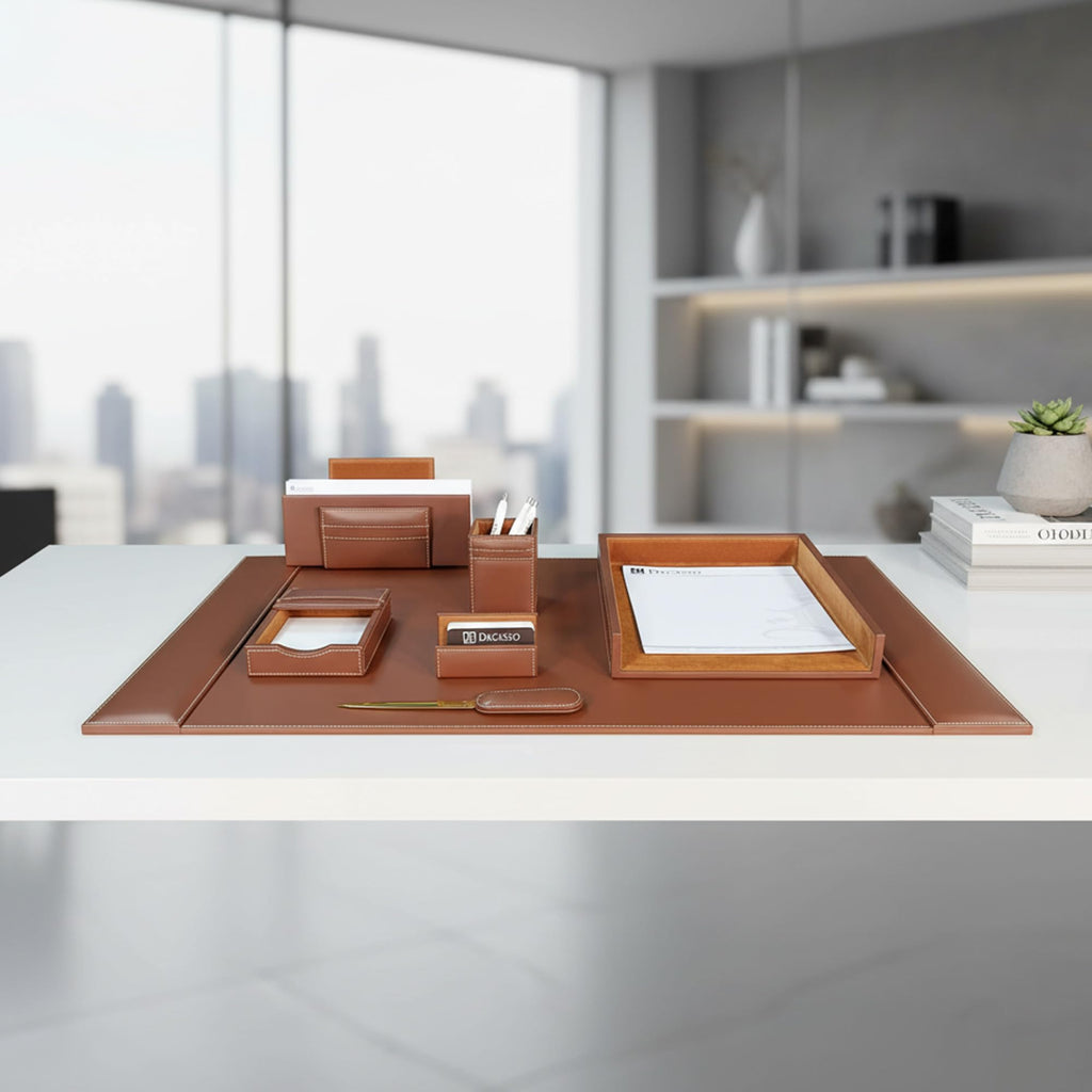 Rustic Brown Leather Desk Set, 7-Piece P774