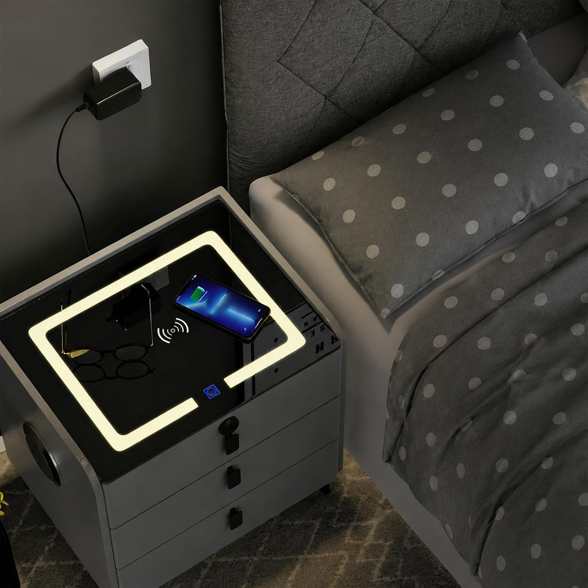 Wireless Charging Fingerprint Lock Nightstand Y85096
