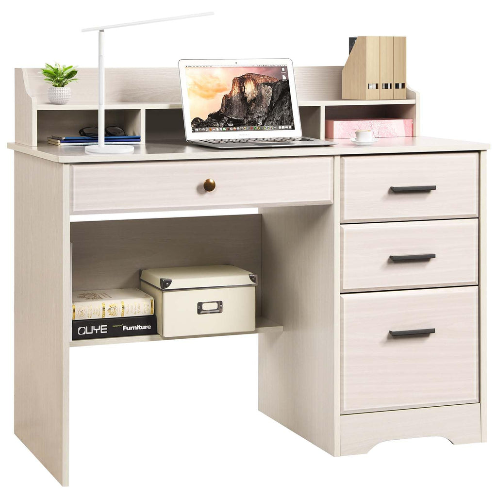 Warm White Wood Computer Desk with Drawers and Hutch R78647