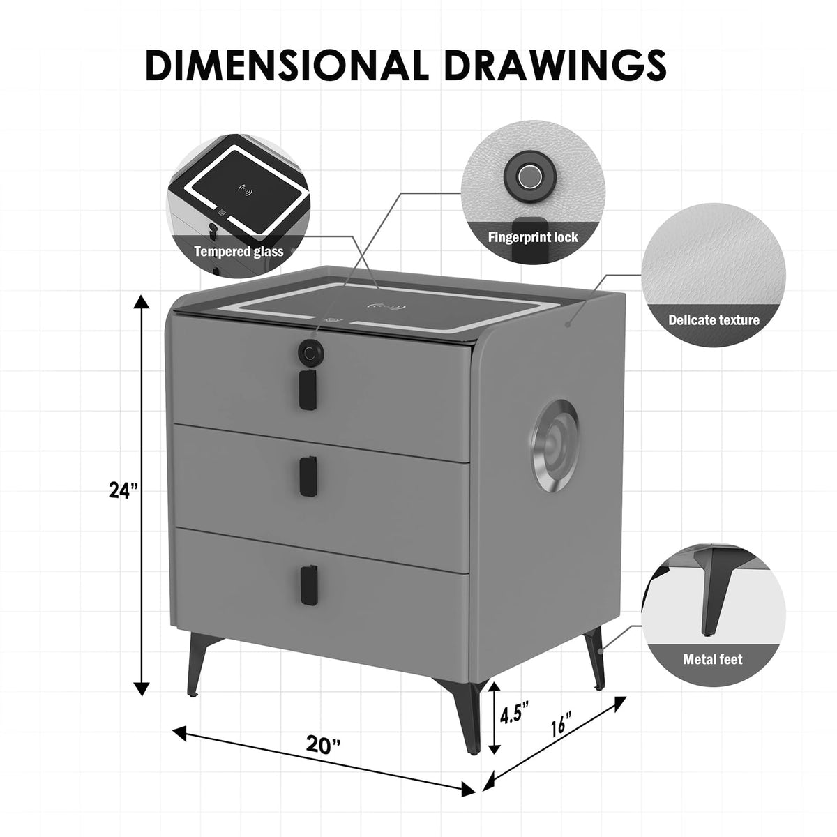 Wireless Charging Fingerprint Lock Nightstand Y85096