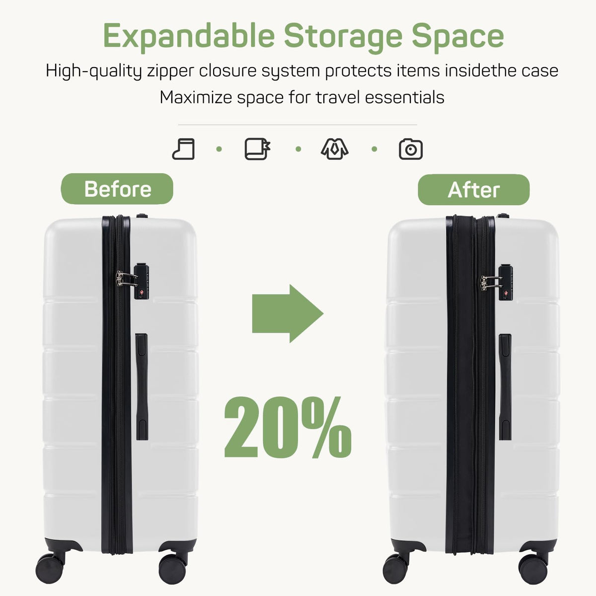20 Inch White Expandable Hard Shell Carry-On Luggage E1704