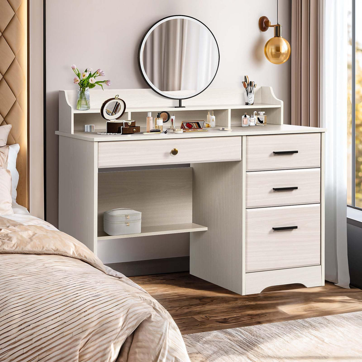 Warm White Wood Computer Desk with Drawers and Hutch R78647