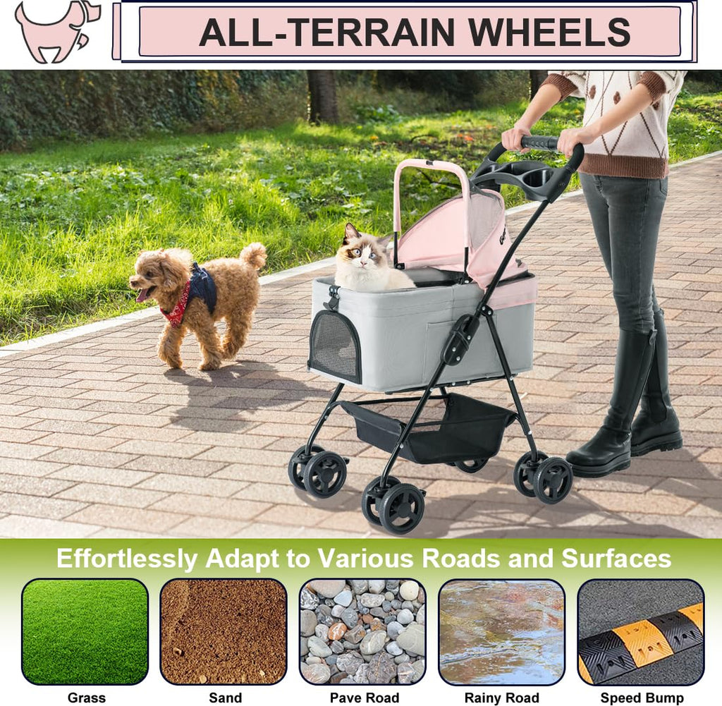 Pink Gray Pet Stroller with Detachable Carrier V27632