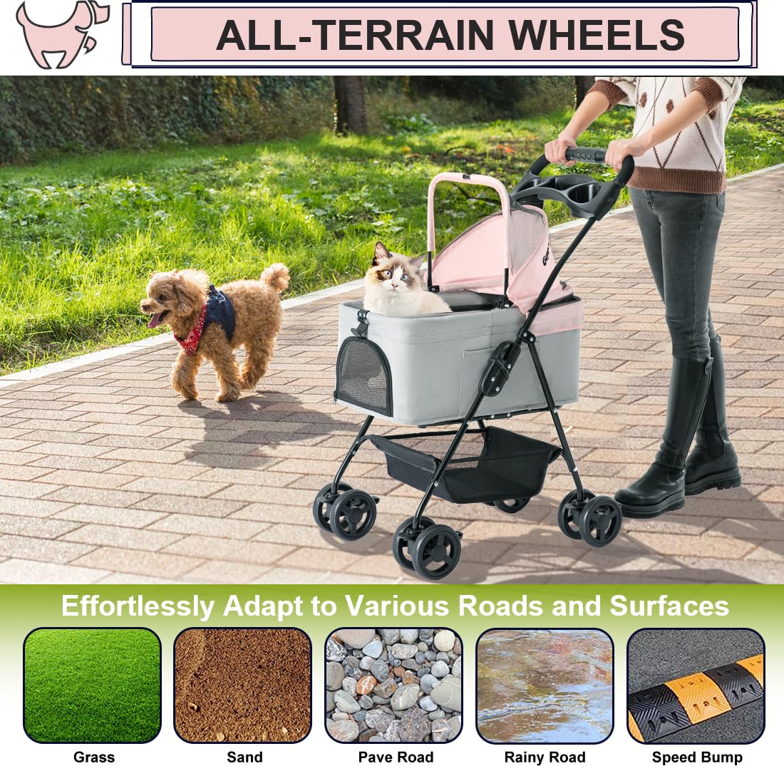 Pink Gray Pet Stroller with Detachable Carrier V27632