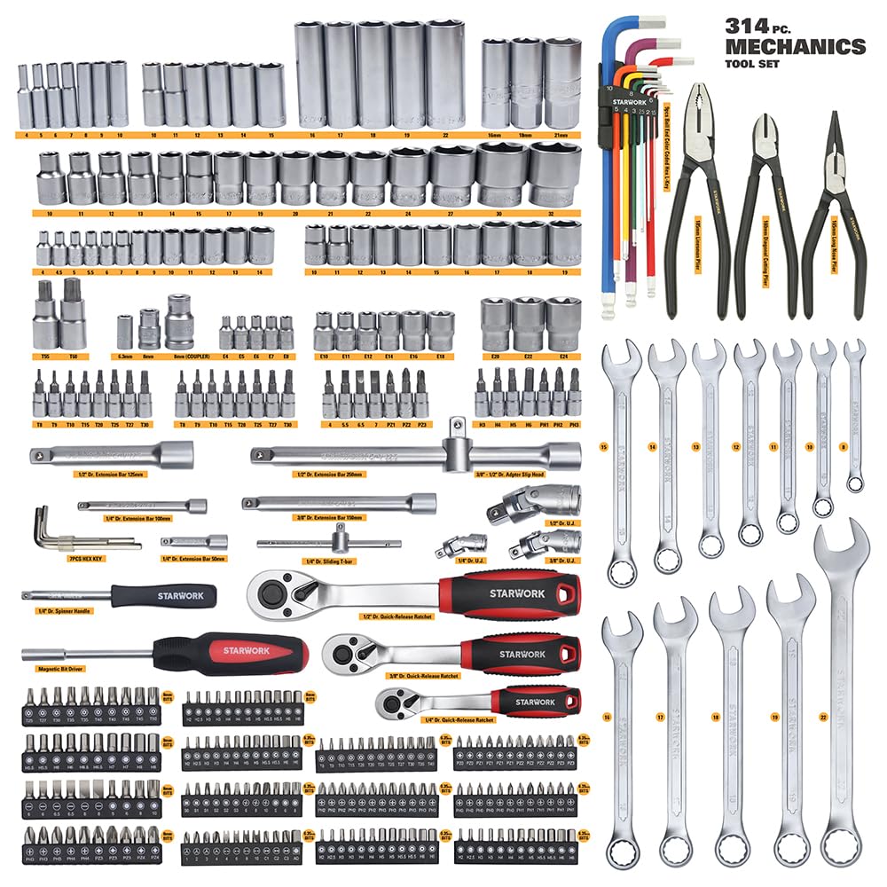314-Piece Mechanics Tool Set and Socket Set, 1/4", 3/8", 1/2" Drive, Metric W843