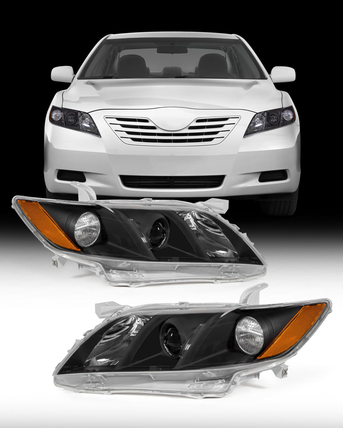 Compatible with 2007-2009 Toyota Camry Headlights Assembly Black Housing Amber Reflectors Left and Right Pairs P922