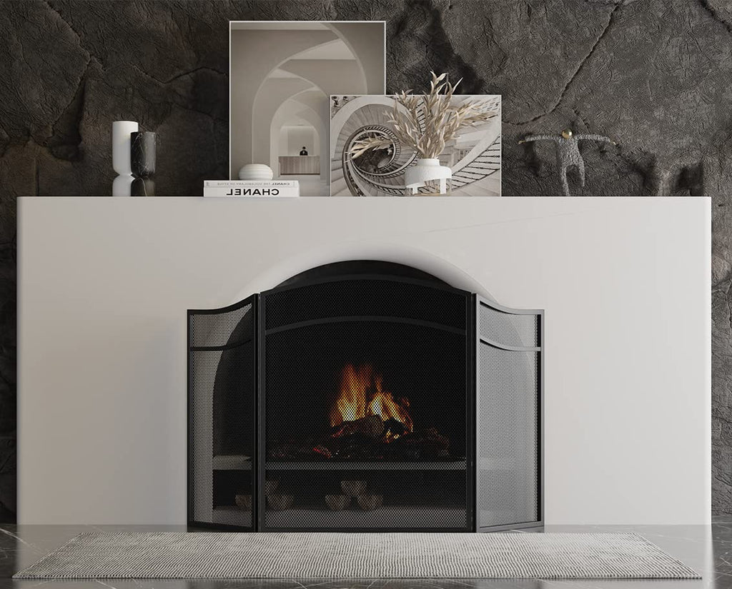 3 Panels Fireplace Screen with Arch Frame Black E4366