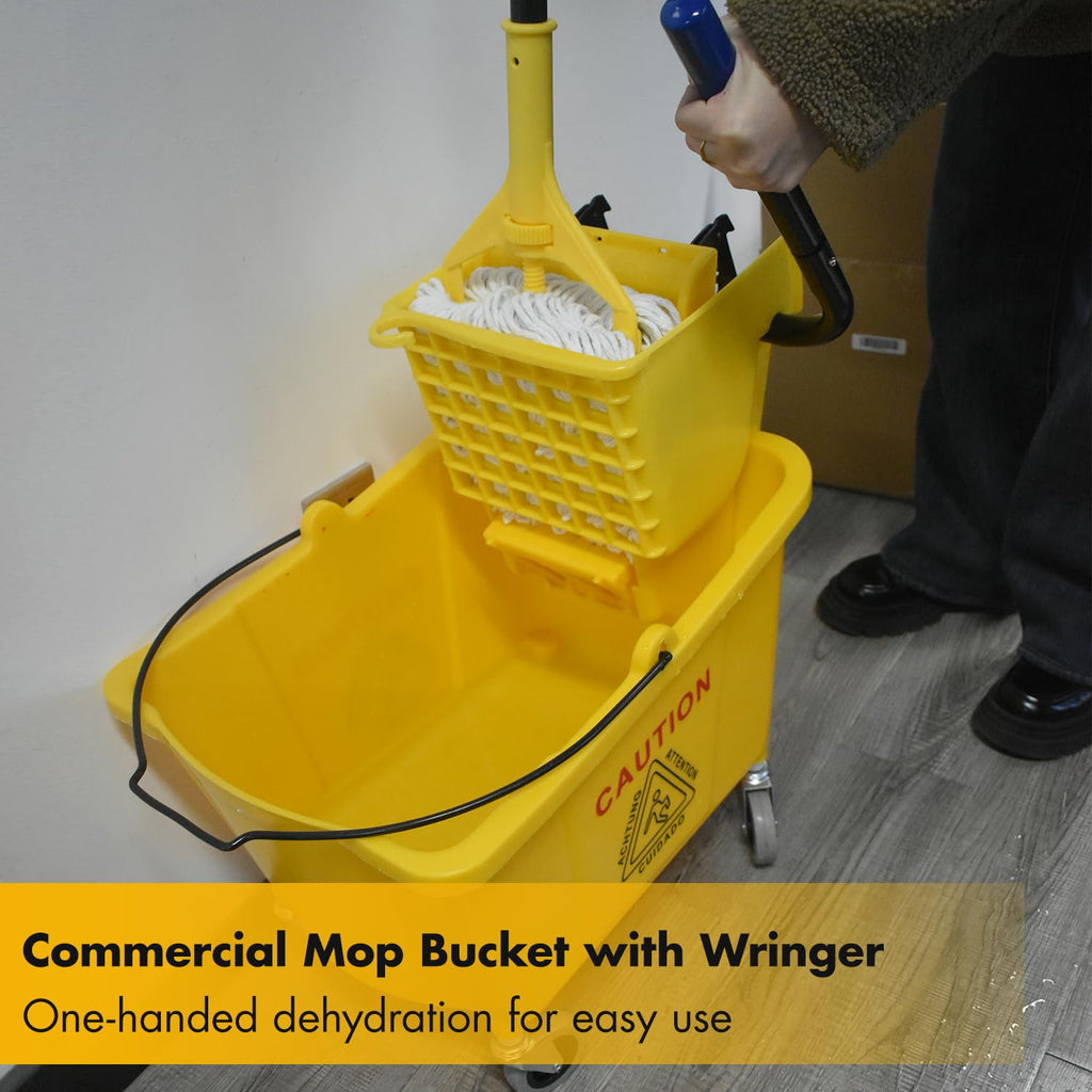 Commercial Mop Bucket with 2 Mop Heads and Caution Sign, 38 Quart Q725337