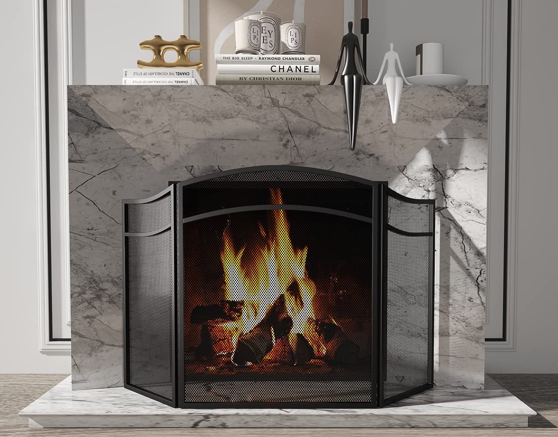 3 Panels Fireplace Screen with Arch Frame Black E4366