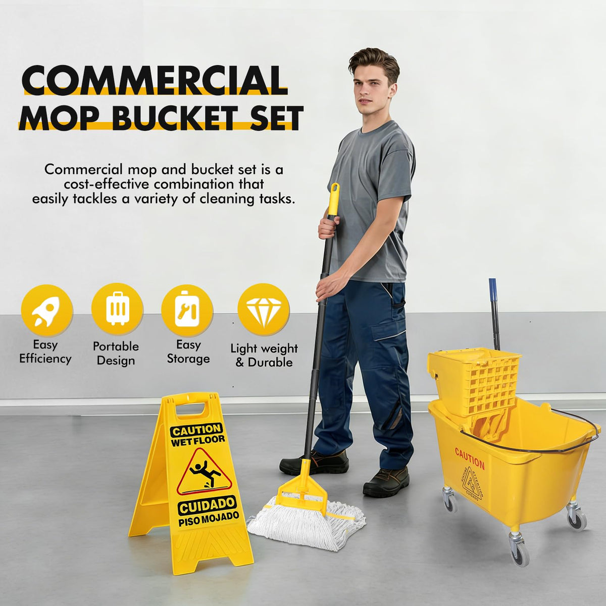 Commercial Mop Bucket with 2 Mop Heads and Caution Sign, 38 Quart Q725337