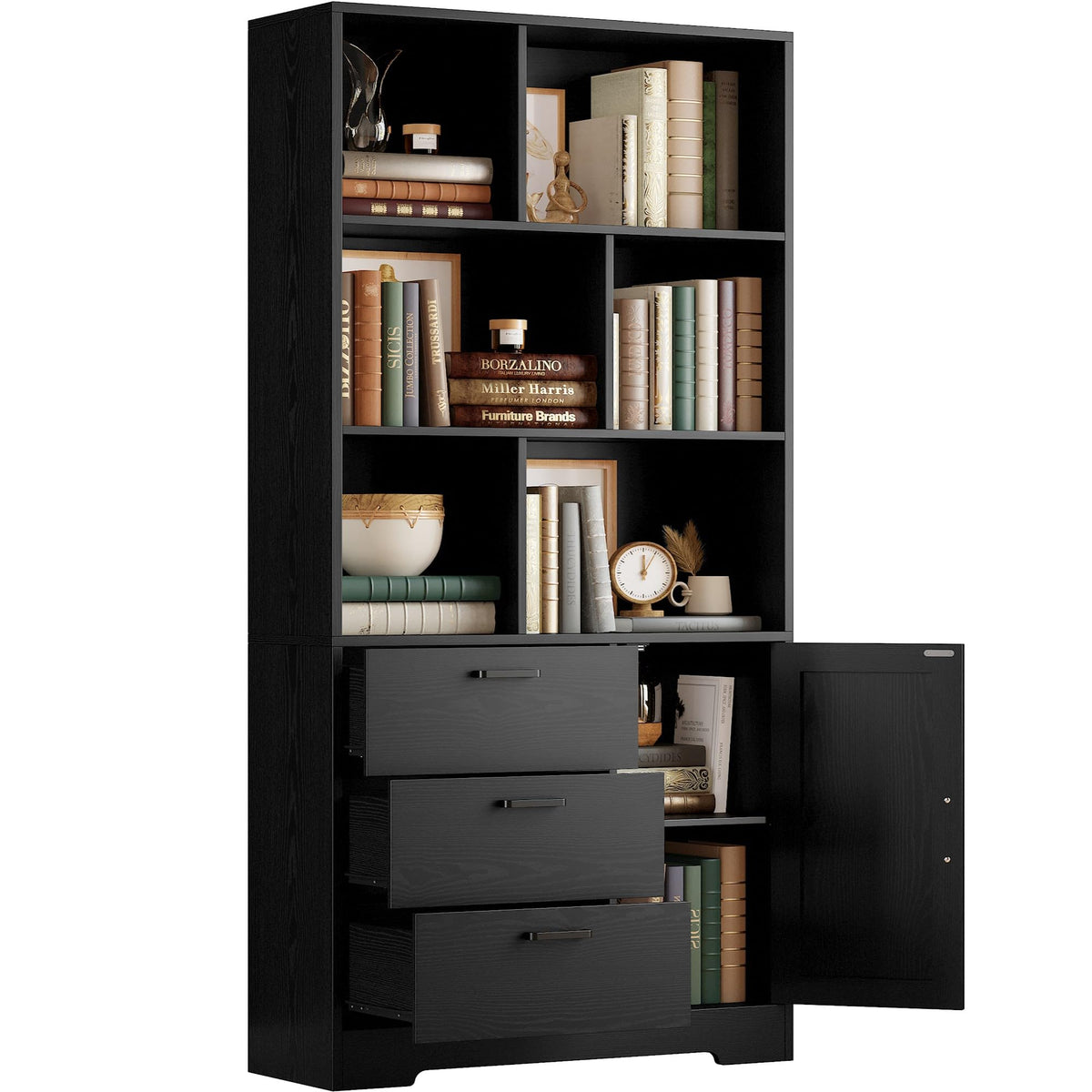 70.9-Inch Black Bookcase with Doors and 3 Drawers J923931