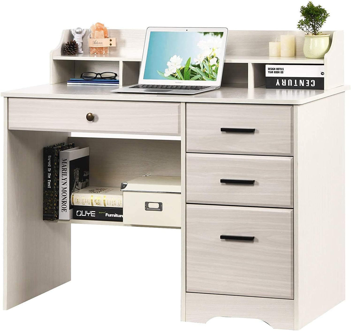 Warm White Wood Computer Desk with Drawers and Hutch R78647