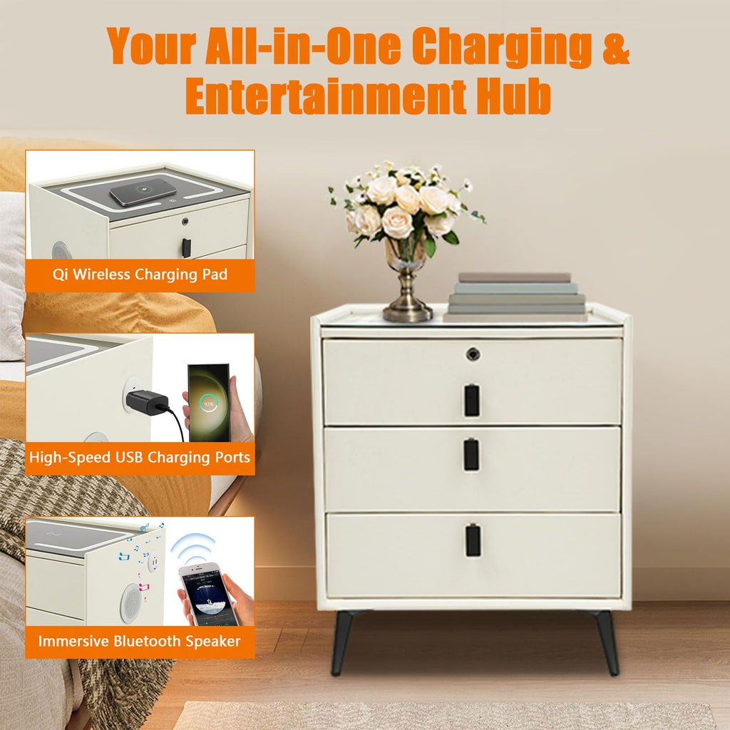 Beige White Smart LED Nightstand with USB Charging M551