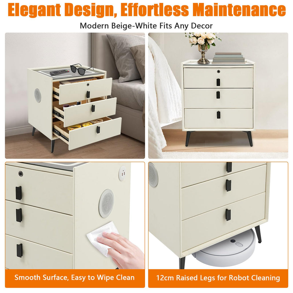 Beige White Smart LED Nightstand with USB Charging M551