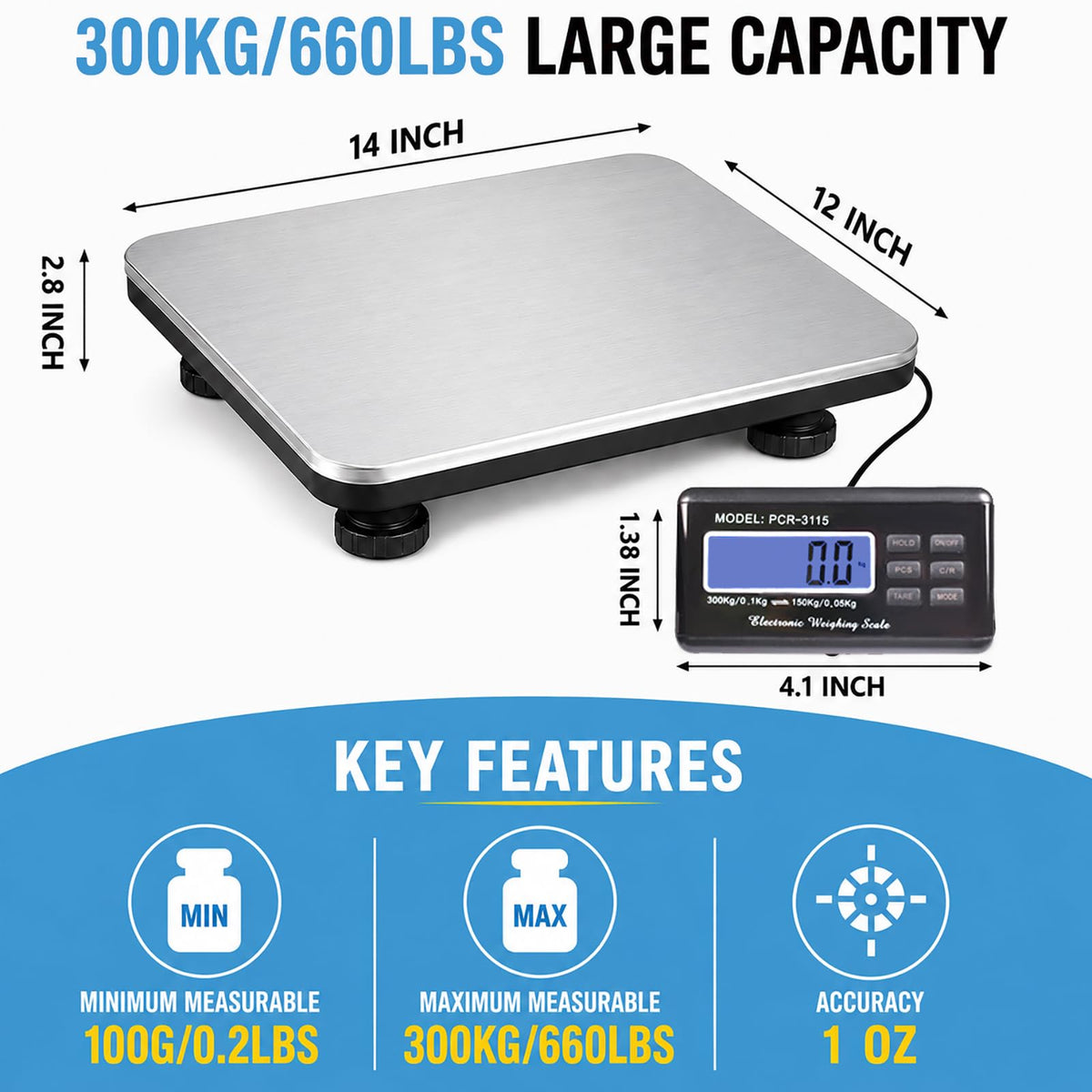 Heavy Duty Shipping Scale 660lbs Stainless Platform L46095