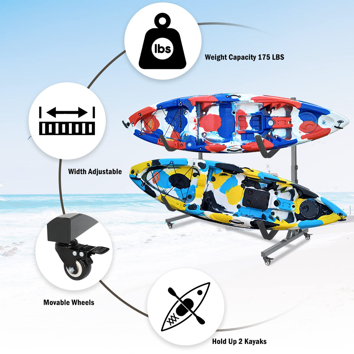 Freestanding Kayak Storage Rack with Lockable Wheels A470