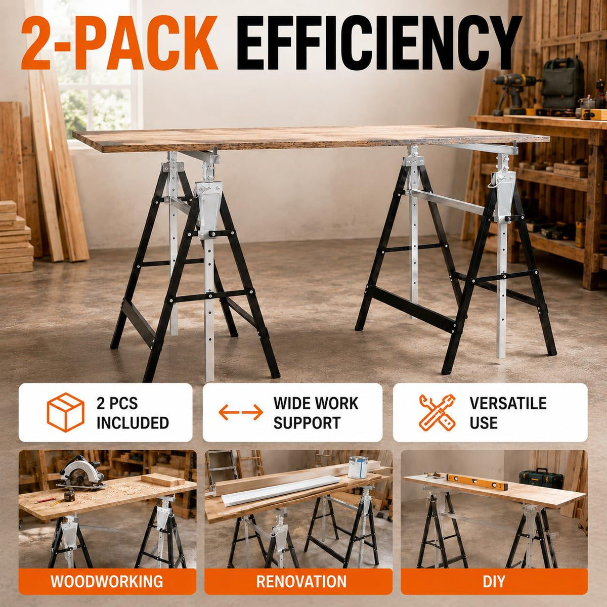 2 Pack Height Adjustable Folding Saw Horses M981