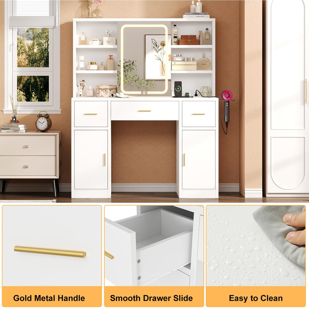 White Vanity Desk with Sliding Mirror and LED Lights K74247