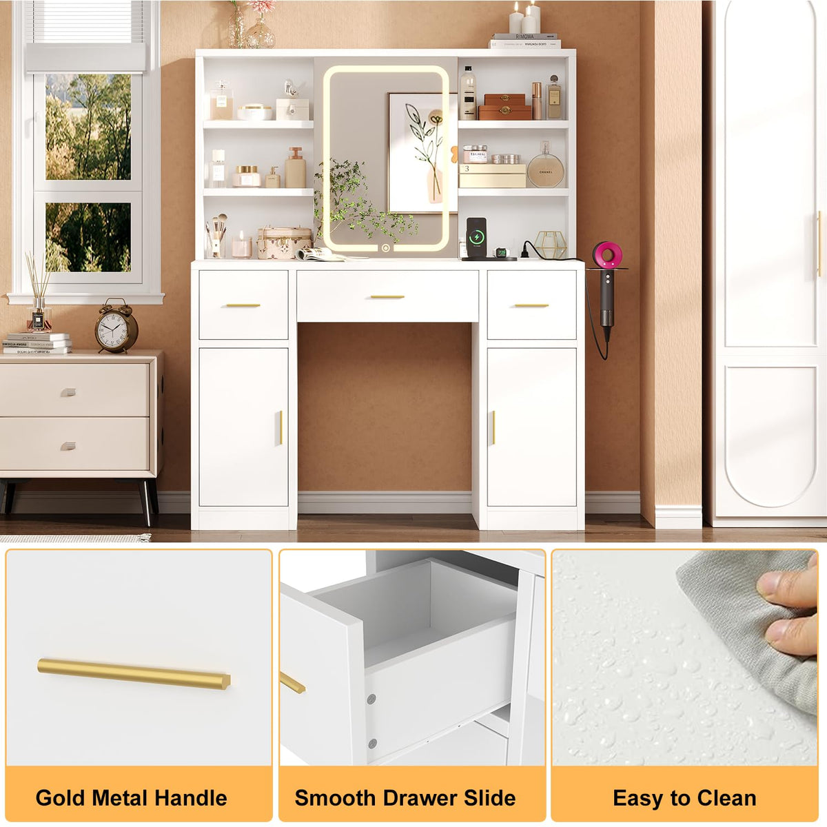 White Vanity Desk with Sliding Mirror and LED Lights K74247
