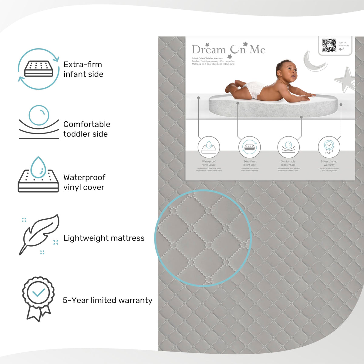 4” Firm Fiber Crib & Toddler Bed Mattress, Dual-Sided, Waterproof, Grey Embossed Vinyl Cover X908