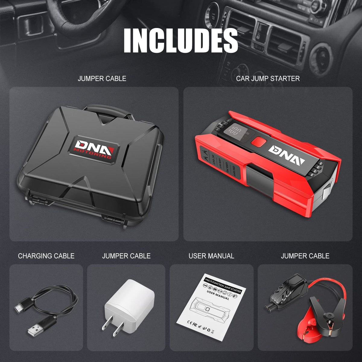 12V 2000A Peak Portable Car Battery Jump Starter with Carry Case T7947