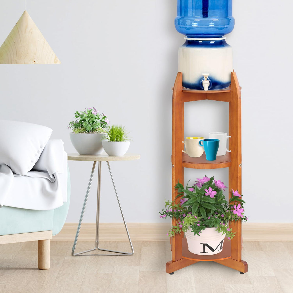 Solid Wood Water Dispenser Floor Stand with 3 Shelves G89493