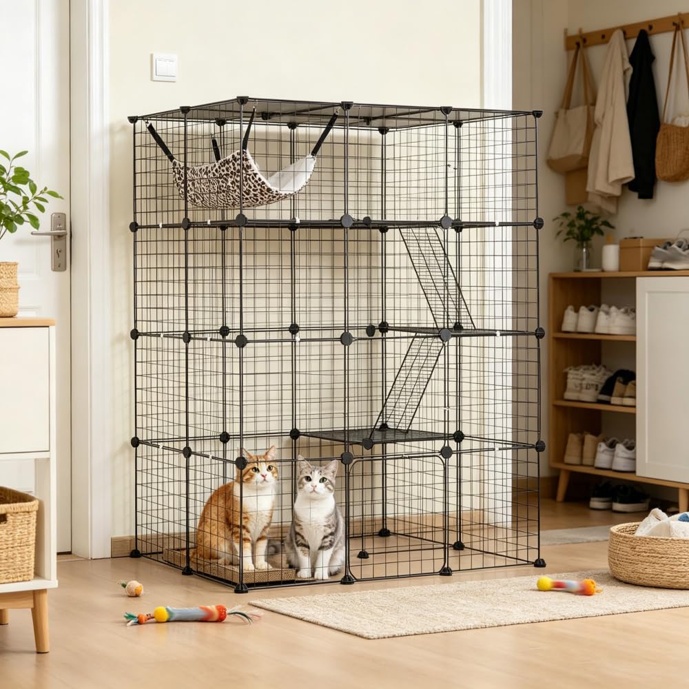 4-Tier Metal Wire Cat Cage with Hammock, Platforms & Ramps, Black K632
