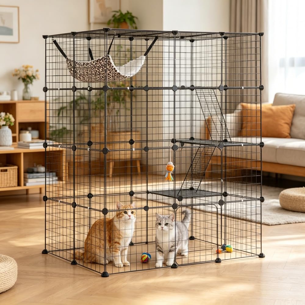 4-Tier Metal Wire Cat Cage with Hammock, Platforms & Ramps, Black K632