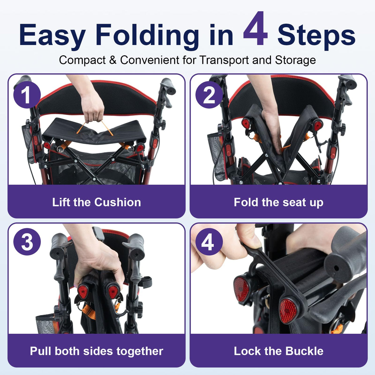 Lightweight Red Rollator Walker with Seat C376