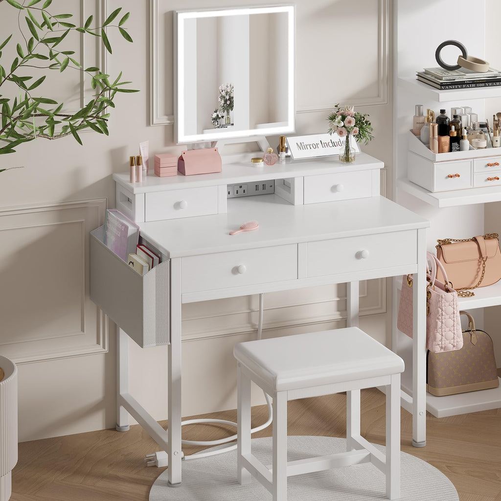 White Makeup Vanity Desk with Mirror and Lights, Chair and Drawers V441023