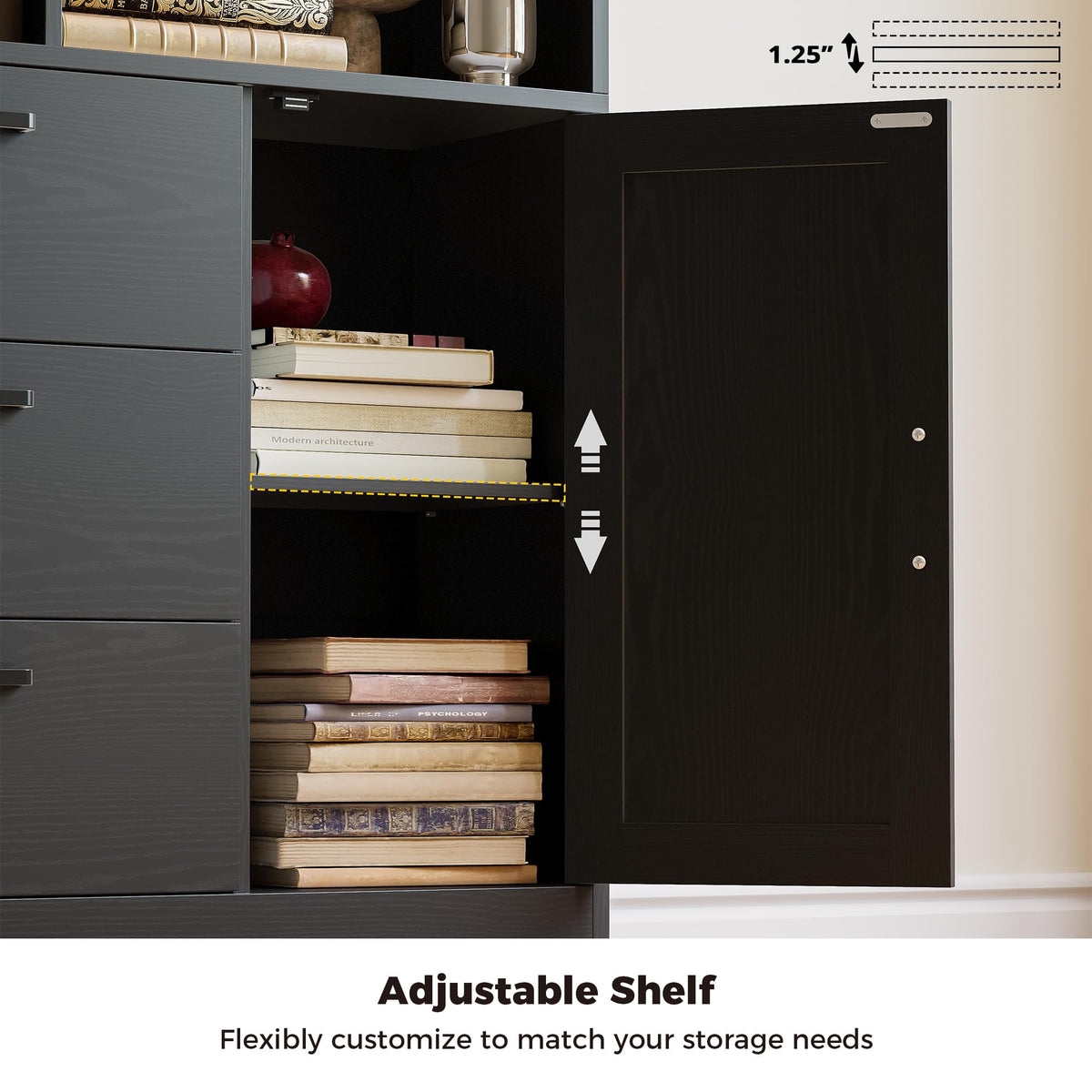 70.9-Inch Black Bookcase with Doors and 3 Drawers J923931