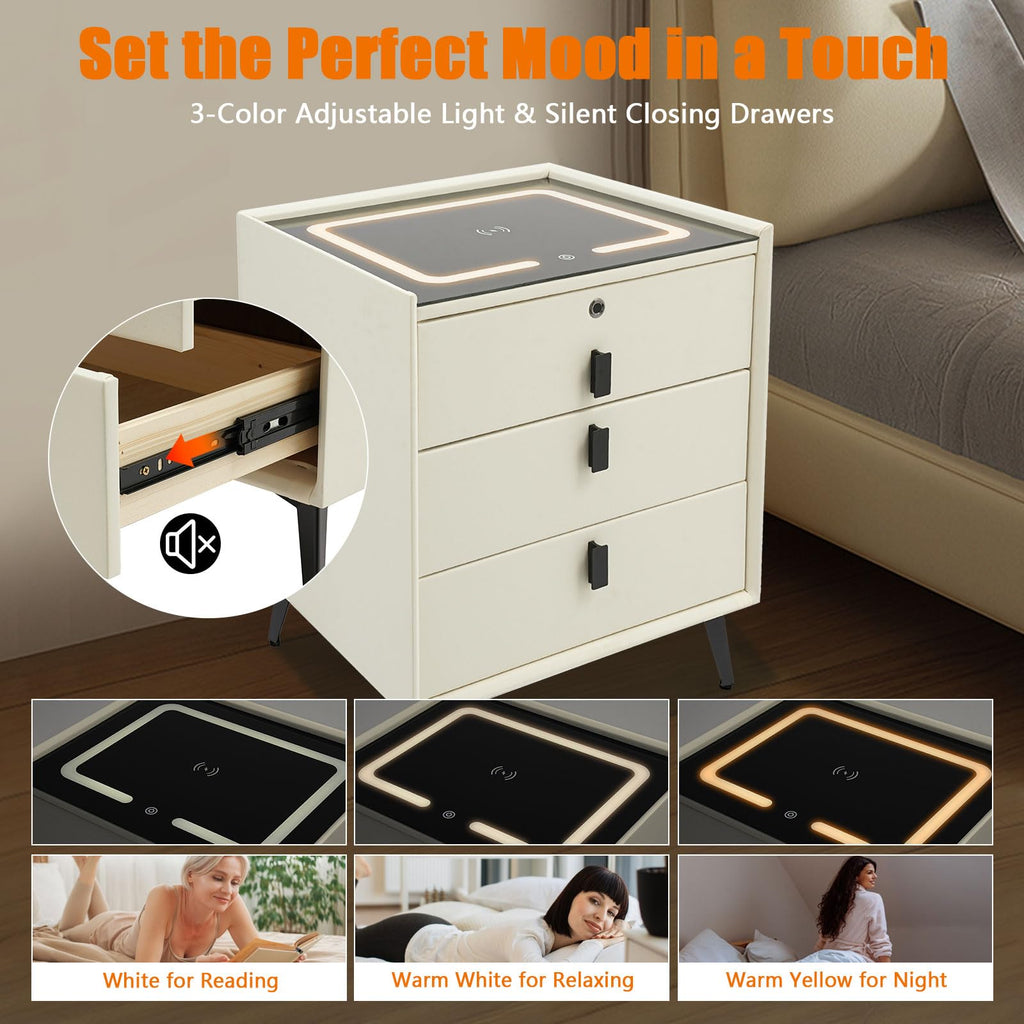 Beige White Smart LED Nightstand with USB Charging M551