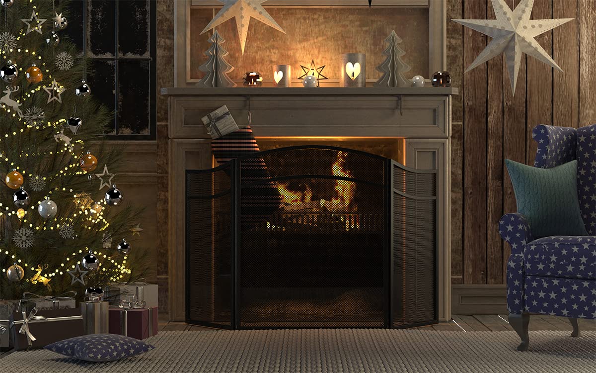 3 Panels Fireplace Screen with Arch Frame Black E4366